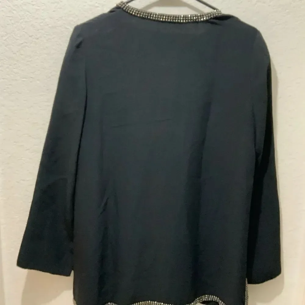 Tory Burch Mallet Embellished Studded Silk V Neck Tunic Blouse Top Black 6